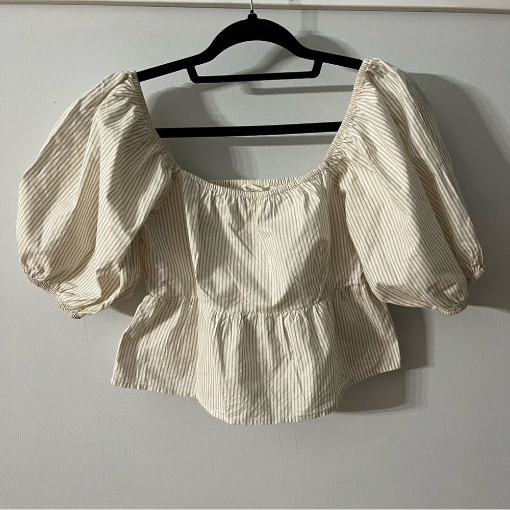 Striped cotton peplum blouse with puff sleeves NWT Size M